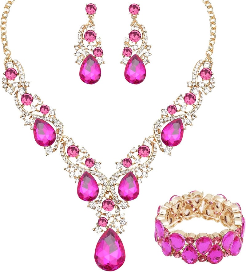 CSY Women's Elegant Bridal Necklace Earrings Stretch Bangle Bracelsts Set for Bride Bridesmaid Wedding Teardrop Crystal Costume Jewelry Sets - Image 1